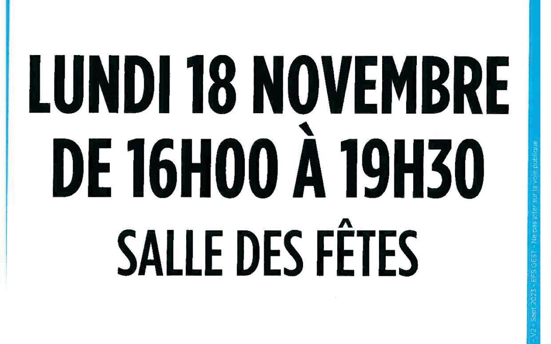 Don de sang Lundi 18 novembre à Saint Brice Courcelles