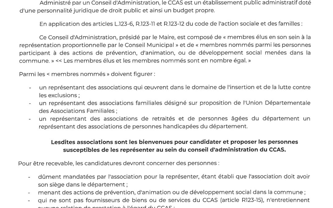 Avis d&rsquo;appel à candidature – CCAS